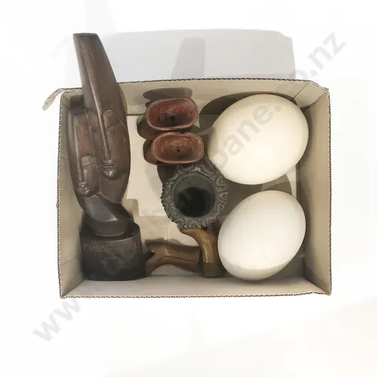 Qty Assorted Woodware together with Two Ostrich Eggs