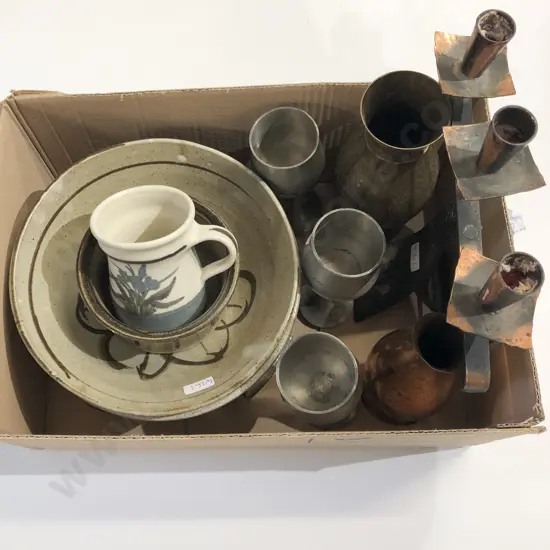 Box Qty of Assorted Metal Ware and Pottery