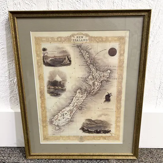 Framed Vintage Bookplate of Pictorial NZ Map