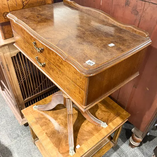 Reproduction Burr Walnut Two Drawer Cutlery Table