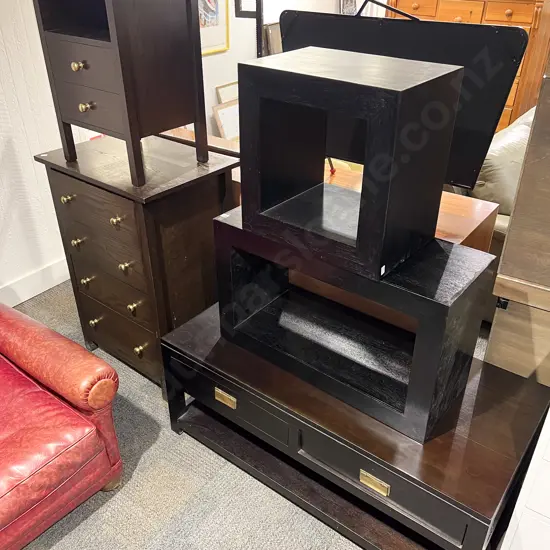 Two Piece Bedroom Suite together with Entertainment Stand and Pair of Low Open Shelving Stands