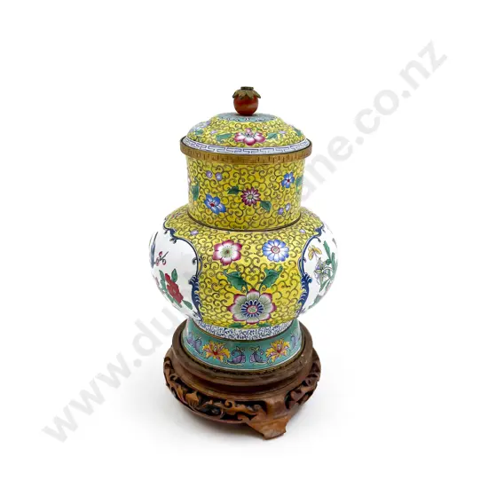 Chinese Enamel Urn and Cover on Stand