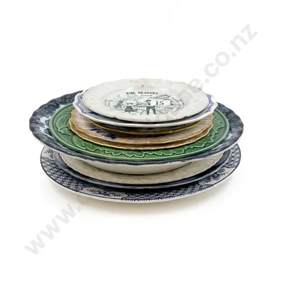 Victorian Green Glazed Leaf Dish with Nursery Plate and Various