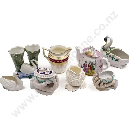 Victorian Three Swan Vases with Two Hand Pots and Assorted