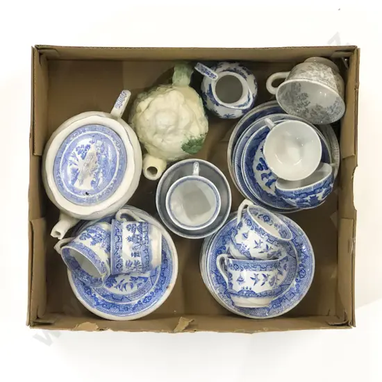 Nursery Blue and White Tea Cups and Saucers Cauliflower Molded Tea Pot and Assorted