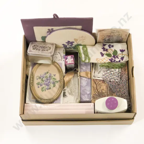 Various Violet Decorated Linen with Boxes and Soaps Etc