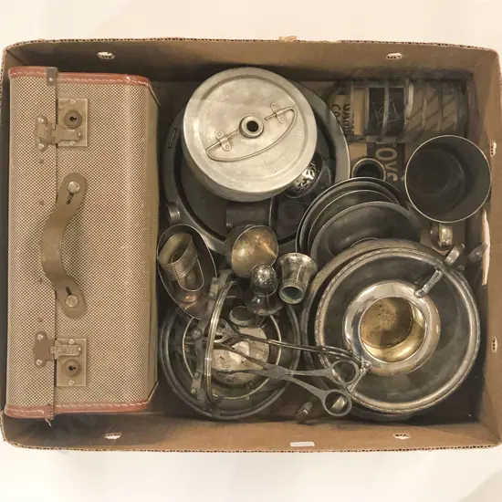 Qty of Assorted Metal Ware together with Boxed Projector