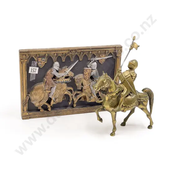 Relief Moulded Medieval Motif Plaque together with Heavy Brass Horse and Knight