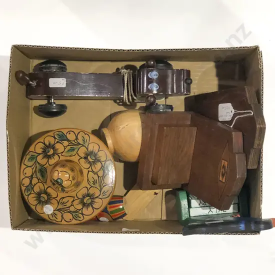 Qty of Assorted Decorative Wood Ware together with Inlaid Bookends