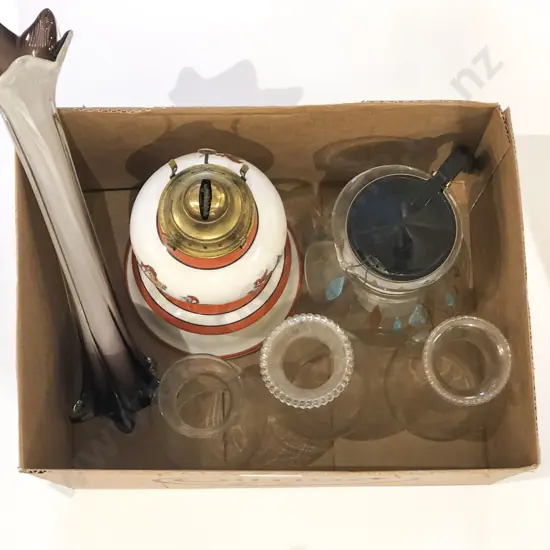 Art Glass Vase Together with Kerasene Lamp and Assorted Chimney's Etc.