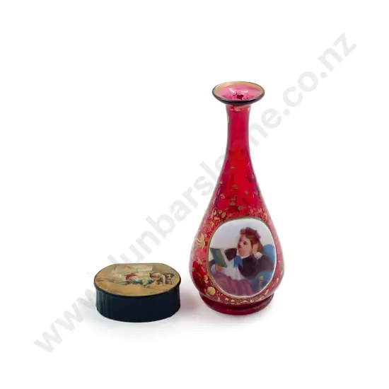 Small Piece of Victorian Cranberry Glass together with Victorian Snuff Box