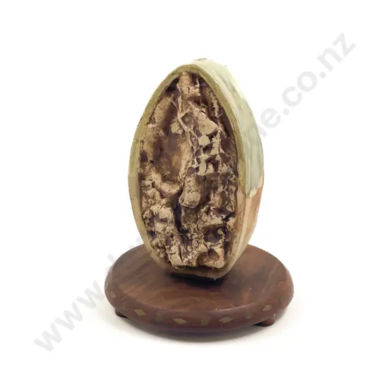 Semi-Glazed Oval Sculpture Form Pottery Vase together with Small Plantstand