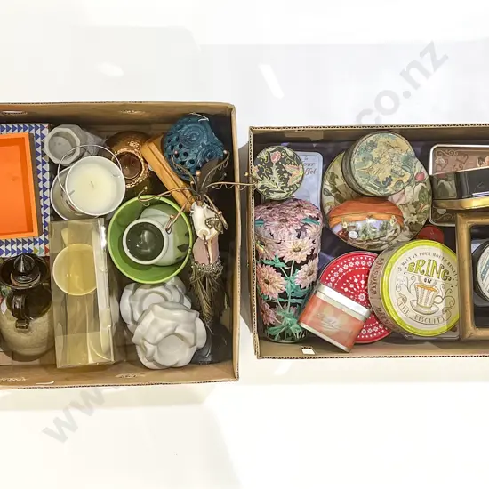 Two Boxes of Assorted Vintage Tins and Decorative Homewares