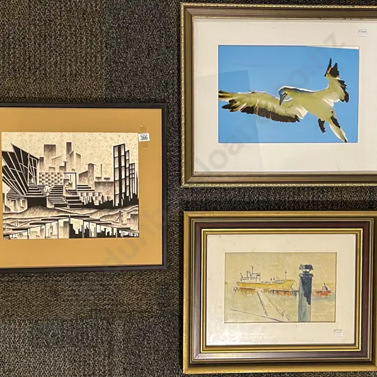 M J James - "Downtown" Ink on Paper Together with Photographic Work and Vintage Docking Scene