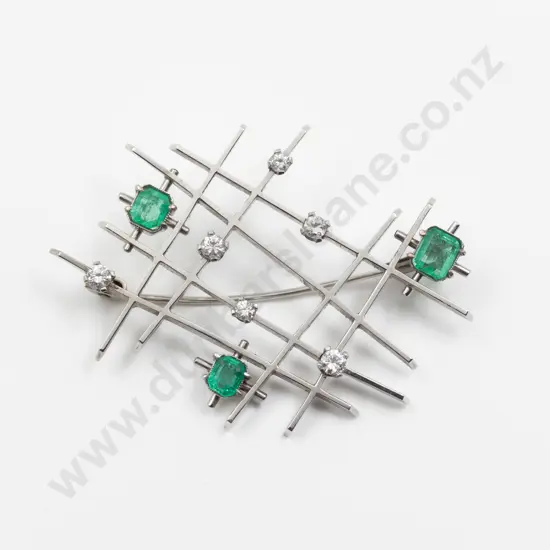 Mid C20th Design 18ct White Gold Nine Stone Emerald and Diamond Brooch