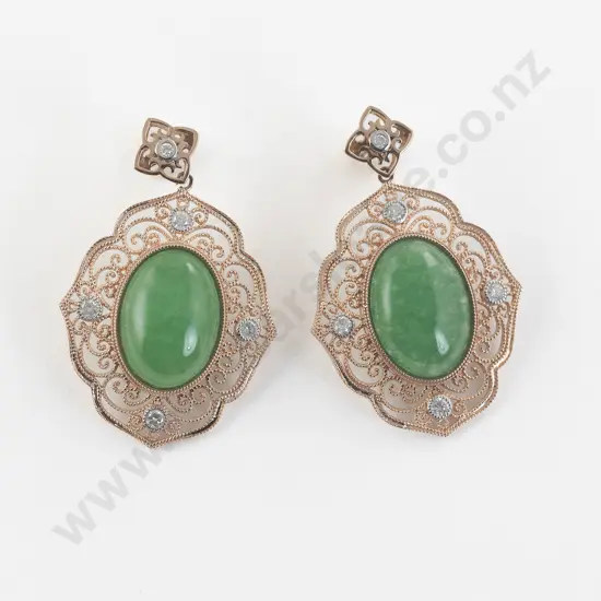 Pair 14ct Rose Gold Twelve Stone Jade and Diamond Pendant Earrings