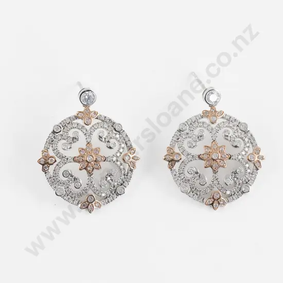 Pair 14ct White Gold Fancy Pink and White Diamond Cluster Earrings