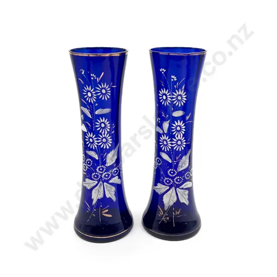 Pair of Hand-Painted Blue Glass Vases