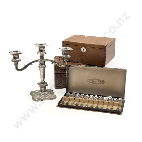 Small Carved Camphor Jewellery Box with Boxed Cutlery and Candelabra Etc.