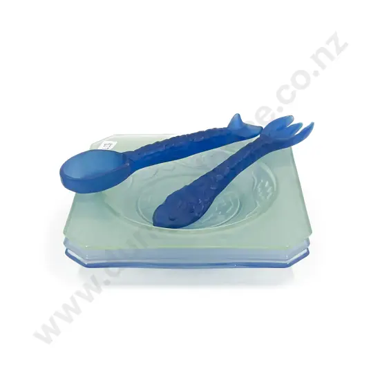 Three Pressed Glass Shallow Dishes together with Resin Salad Servers