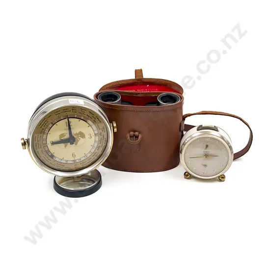 Vintage World Clock together with Alarm Clock & Cased Binoculars