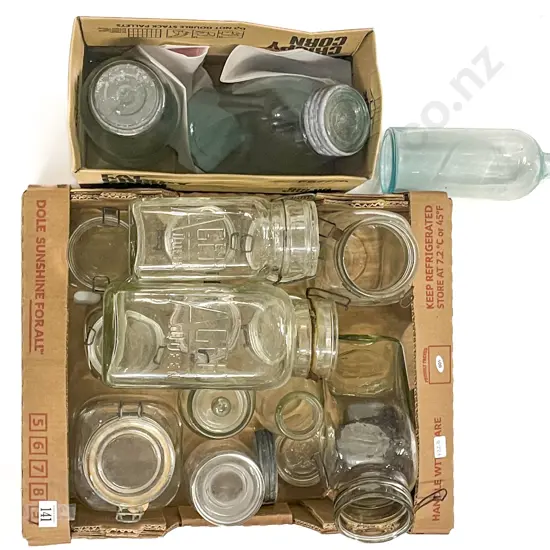 Two Boxes of Assorted Vintage Agee Glass Jars etc