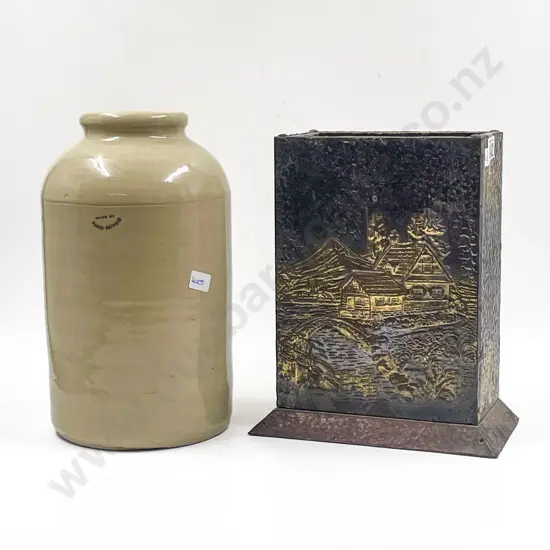 Timaru Potteries Stoneware Crock together with Embossed Brass Fireside Stand