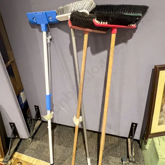 Three Garden Shovels and Bundle of Assorted Brooms etc