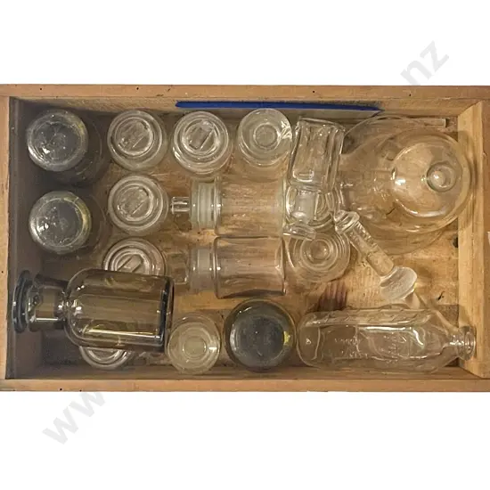 Box of Assorted Small Chemist Bottles & Assorted