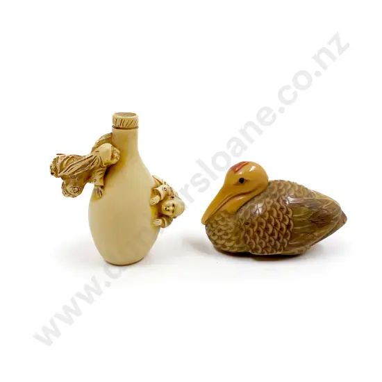 Resin Netsuke of Sake Bottle & Pelican