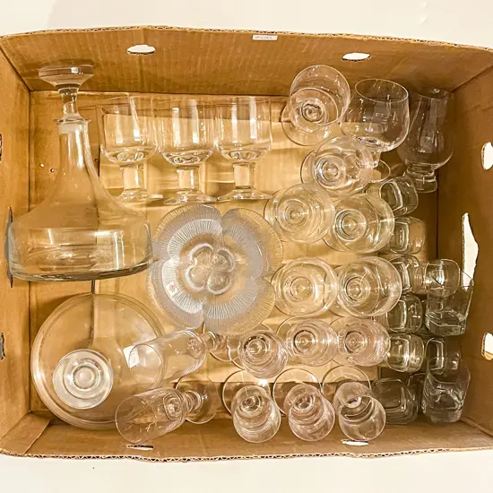 Box of Assorted Glassware incl Decanters & Holmgaard Dishes
