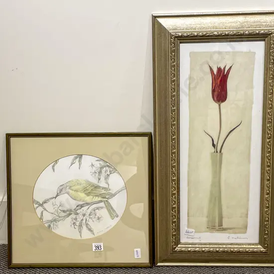 Yvonne Chadderton - Bird Study - Mixed Media Together With Floral Study Print