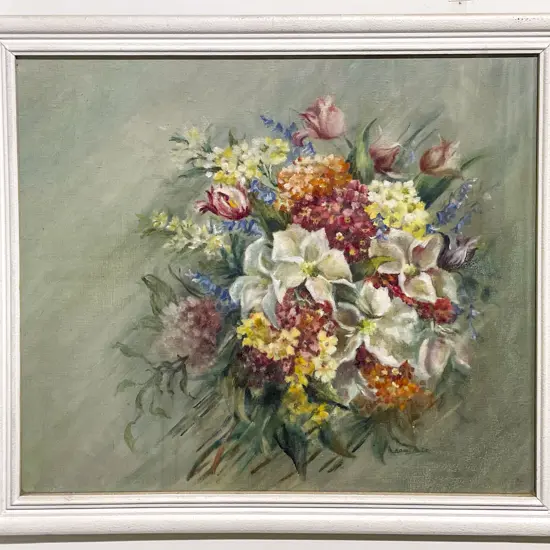 Indistinctly Signed Vintage Floral Still Life Oil on Board