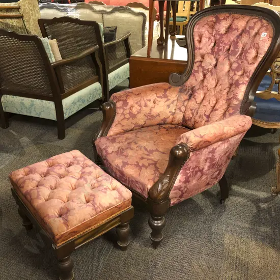 Victorian Style Grandfather Chair and Footstool