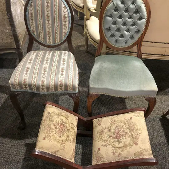 Two Oval Back Bedroom Chair and Rocking Footstool