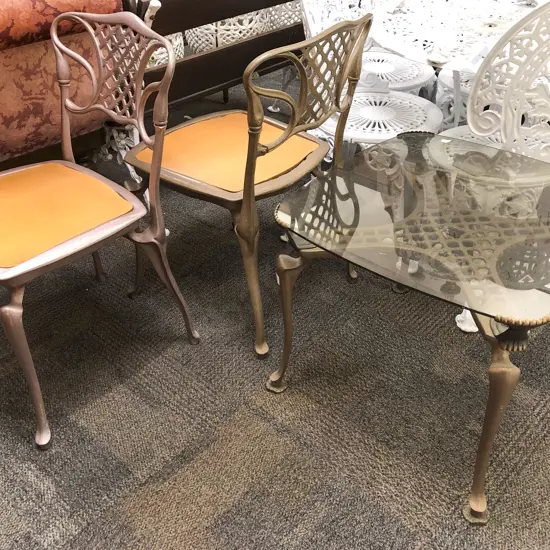 Cast Metal Glass Top Table and Matching Pair of Chairs