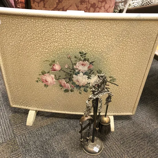 Brass Fire Tidy and Painted Fire Screen