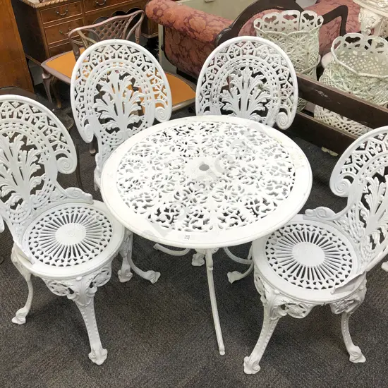 White Painted Cast Metal Garden Table and Four Chairs