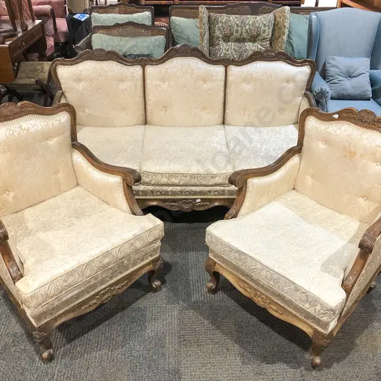 French Walnut Framed Three Piece Lounge Suite