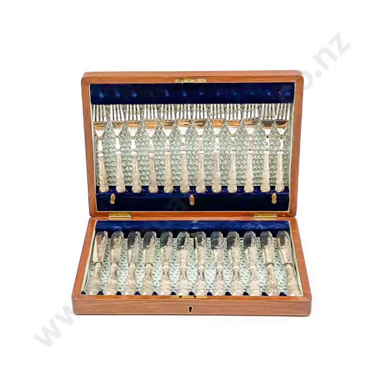 Oak Cased Set of 12 Plated Fish Knives and Forks