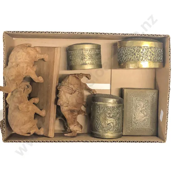 Box with Brass Jars and Wooden Animal Ornaments