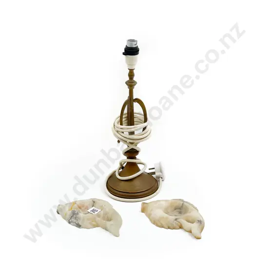 Brass Table Lamp and Two Alabaster Fish Ash Trays