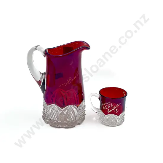 Vintage Ruby Flashed Souveiner Jug and Cup