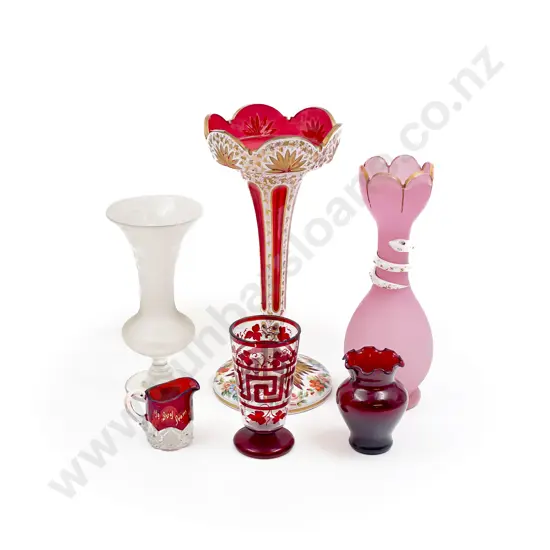 19th Century Bohemian Lustre and Five Other Pieces of Glassware