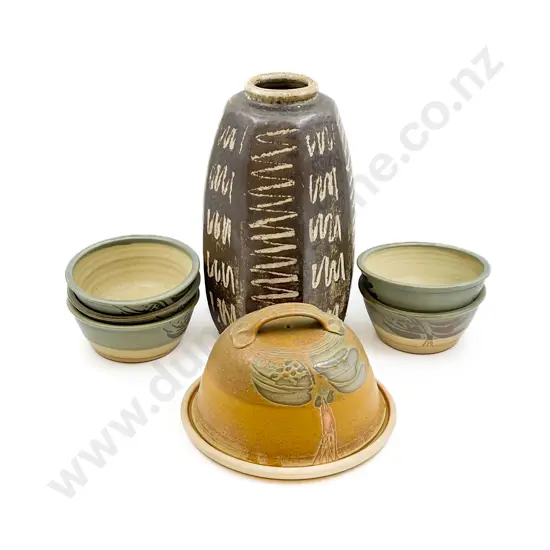 NZ Octagonal Pottery Vase with Five Bowls and Butter Dish