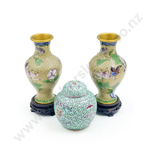 Pair of Cloisonne Vases and Small Ginger Jar
