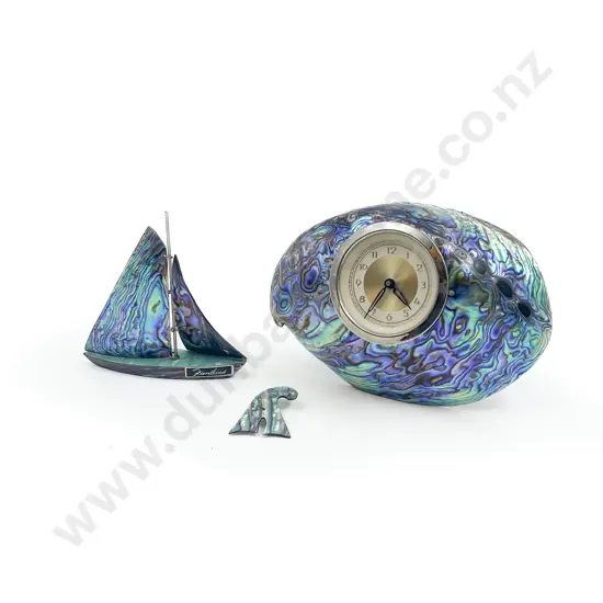 Ataahua NZ Paua Table Clock Boat Ornament & 'Y' brooch