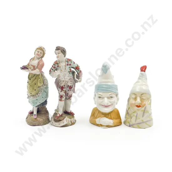 Two Royal Worcester Candle Snuffers & Pair Dresden Figures