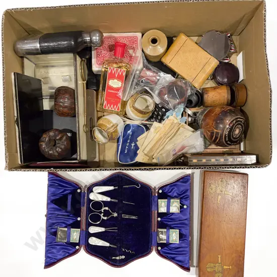 Box of Assorted Vintage Items incl Cased Sewing Set