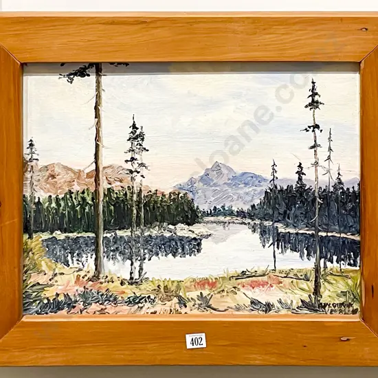 Natural Woodblock Framed A W Glover Lake Scene Oil on Board